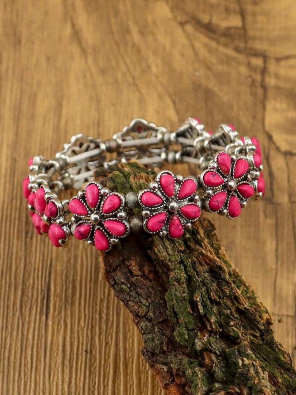 Pink Floral Teardrop faux turquoise Stone stretchy Bracelet